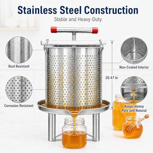 Honey Press Extractor Machine, 3.5 Gallon Stainless Steel Manual Beekeeping Tool Easy to Use Multi-Purpose Honey Wax Fruit Press for Home Use