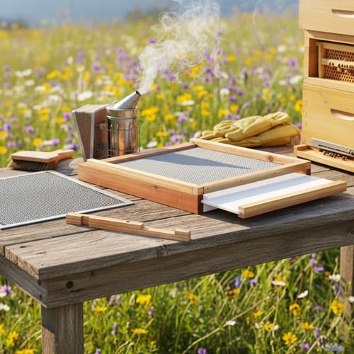 Beeveer 3 Pcs Beehive Parts Kit for 10 Frame Bee Hive, Beehive Screened Bottom Board with Entrance Reducer and Metal Queen Excluder for Beekeeping Supplies - style: Without Wooden Frame