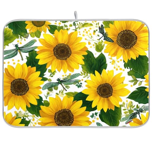 Yellow Sunflowers and Dragonflies Dish Drying Mat for Kitchen Counter Drainer Rack Mats for Dishes Washable Absorbent Draining Heat Resistant Pad for Countertop 18x24 - color: Cute Yellow Sunflowers and Dragonflies, size: 18'' x 24''