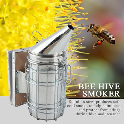 Bee Smoker with Heat Protection Board Iron Beekeeping Equipment, Stainless Steel Produces Safe Cool Smoke to Help, Protective Heat Surrounds the Smoker to Help