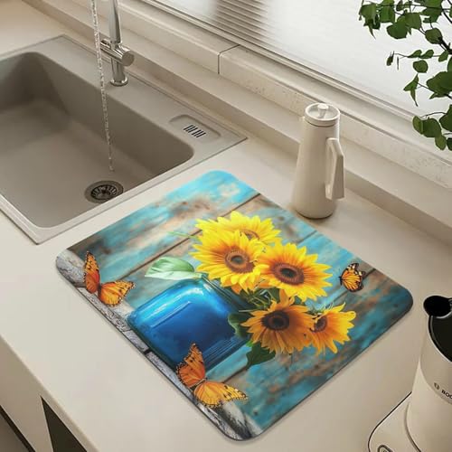 Butterfly Sunflowers Jar Dish Drying Mat for Kitchen Counter Highly Absorbent Coffee Bar Mat Heat Resistant Dish Rack Pad for Sink Utensils Draining Racks 19.7" x 15.7" - size: 19.7x15.7inch