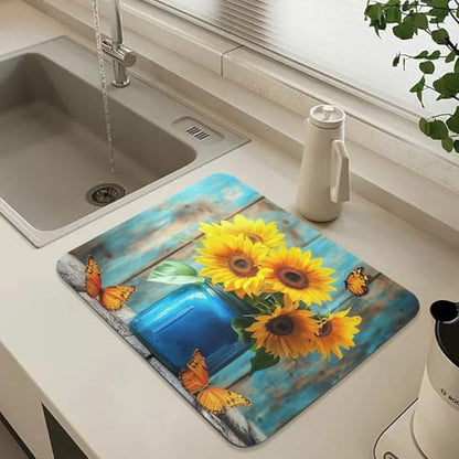 Butterfly Sunflowers Jar Dish Drying Mat for Kitchen Counter Highly Absorbent Coffee Bar Mat Heat Resistant Dish Rack Pad for Sink Utensils Draining Racks 19.7" x 15.7" - size: 19.7x15.7inch