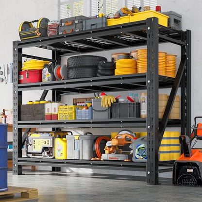 Romorgniz Garage Shelving Heavy Duty, 5000LBS Steel Rack for Garage, Shop | 4‑tier industrial solid steel shelf. Rust‑resistant, one‑piece uprights, side braces for stability, 16 supporting ribs - size: 60" W X 72" H X 18" D