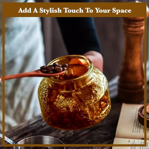 Amber Glass Storage Jar with Airtight Wooden Lid - 25.4 oz Decorative Kitchen Canister for Coffee, Cookie, Candy, Spices & Home Decor - size: 25.4 Ounces, style: Amber Flower