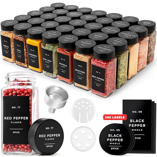EDELHAUS Glass Spice Jars with Label, Seasoning Set, 36x Black Steel Lids | Airtight Lids keep spices fresh, Kitchen Spice Drawer Organizer, 4oz Seasoning Containers incl. Funnel, Brush & 240 Labels - color: 36x Black Lid Jars