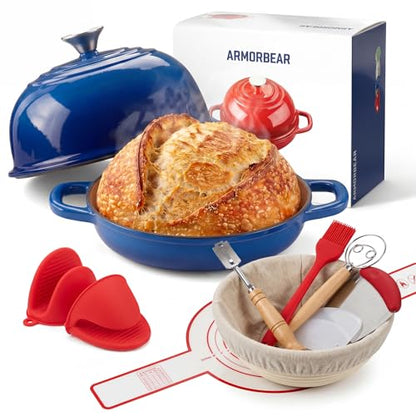 Enameled Cast Iron Bread Oven 5 Qt with Starter Kit, Round Dutch Oven with Lid for Sourdough Baking, Baking Kit Includes Silicone Sling, Banneton & Lame, Complete Artisan Bread Set - color: Blue, size: Bread Oven & Baking Kit