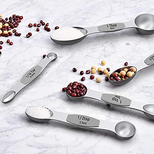 Measuring Cups and Magnetic Measuring Spoons Set, Wildone Stainless Steel 7 Measuring Cups, 8 Double Sided Stackable Magnetic Measuring Spoons, 1 Leveler & 5 Mini Spoons - 21 Piece - color: Silver