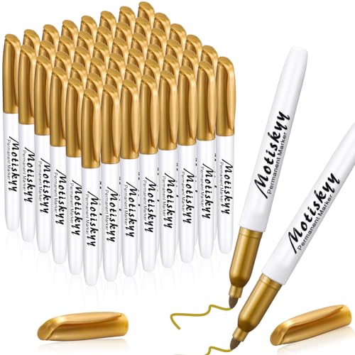 Motiskyy 48 Pcs Metallic Permanent Markers Bulk Metallic Marker Pens Medium Tip Quick Dry Paint Pen for DIY Crafts Artist Illustration Gift Card Making(Gold) - color: Gold
