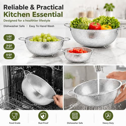 TeamFar Colander Set of 3, Stainless Steel Perforated Metal Colander Strainer with Handles for Spaghetti, Pasta, Berry, Rust Free & Dishwasher Safe - 1/3/5-quart - size: 1 + 3 + 5qt