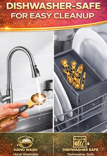 Magnetic Measuring Spoons Set with Strong N45 Magnets, Heavy Duty Stainless Steel Metal, Fits in Most Kitchen Spice Jars for Baking & Cooking, BPA Free, Multicolor, Set of 8 with Leveler(Gold) - color: Gold
