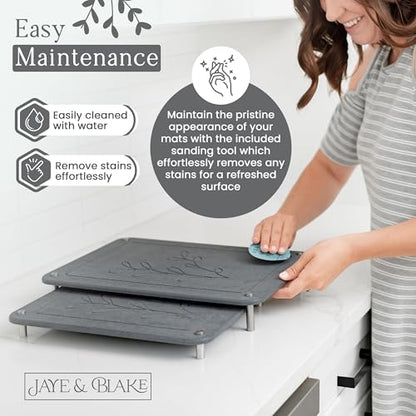 2 PCs Nesting Stone Dish Drying Mats for Kitchen Counter - Absorbent Quick Drying Diatomaceous Earth Stone Drying Mat with Non-Slip Feet - Heat Resistant & Odorless Dish Drying Stone Mat - Dark Gray