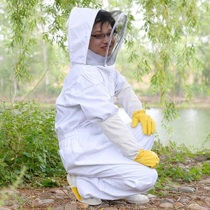Bee Suit with Veil Hood and Sheepskin Gloves Sting Proof Beekeeping Suit for Men Women Full Body Ventilated Fabric(Large) - size: Large