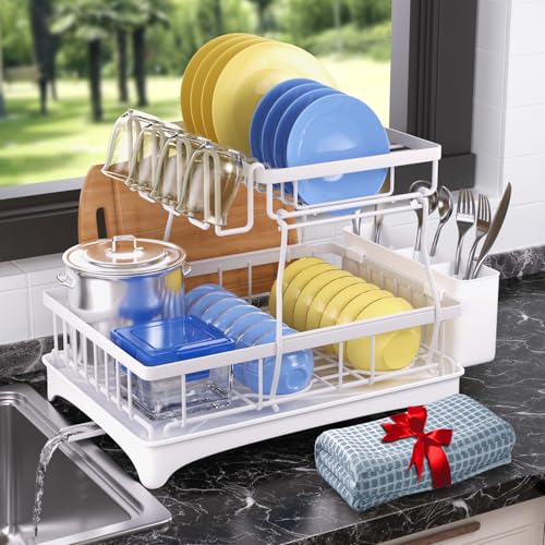 Godboat 2-Tier Dish Drying Rack - Dish Rack with Auto Drain-to-Sink & Mat | Dish Racks for Kitchen Counter, Dish Drainer with Knife Fork & Cup Rack, Gifts for Women, Mothers Day, Kitchen Gadgets, White - size: X-Large (2-Tier/White)