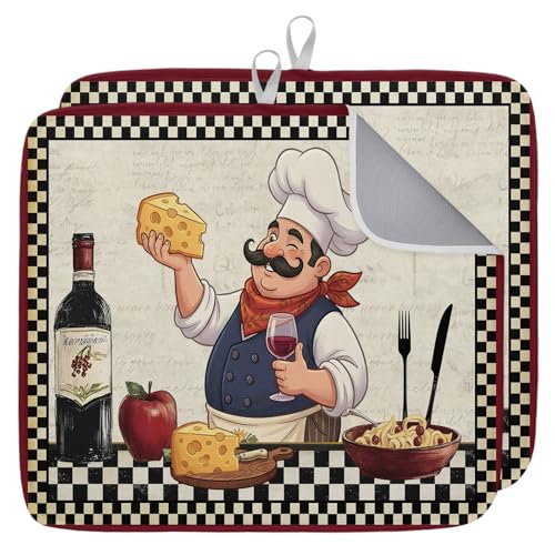 Retro Cartoon Chef Dish Drying Mat, Vintage Wine Cheese Farmhouse Traditional Black Plaid Absorbent Dish Drainer, Dish Drying Pads for Sink, Draining Rack, Kitchen Counter, Coffee Bar, 16"x18", 2PCS - size: 16"x18" (Pack of 2)