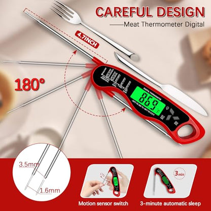 Meat Thermometer Digital，IP67 Waterproof Cooking Thermometer with Backlight, Calibration & Hold Function，Food Thermometer for Cooking,Outdoor Grilling - color: Red