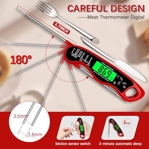 Meat Thermometer Digital，IP67 Waterproof Cooking Thermometer with Backlight, Calibration & Hold Function，Food Thermometer for Cooking,Outdoor Grilling - color: Red