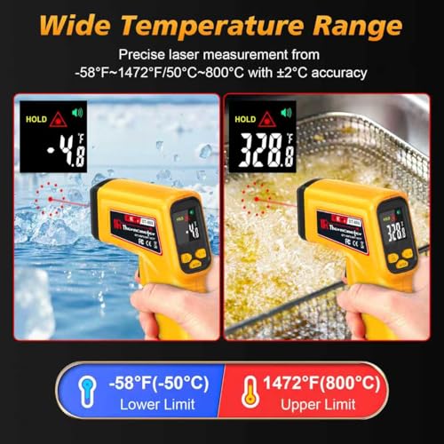FKM Rechargeable Infrared Thermometer Gun,13-Point Laser-High Precision | -58°F~1472°F Non-Contact Laser Thermometer Gun,Digital IR Temperature Gun for Cooking,Griddle,Oven,HVAC,Automotive,Industrial - style: -58°F~1472°F (-50°C~800°C)