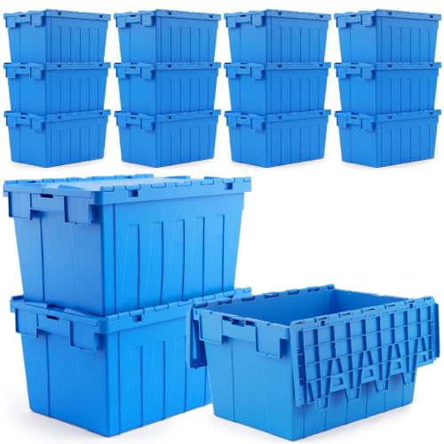Storage Totes with Hinged Lids, 16 Gallon 15-Pack – Heavy-Duty Stackable & Nesting Bins with Attached Lid – Lockable 24x16x13 in Plastic Containers for Moving, Garage & Warehouse, Blue - color: 15 Pack