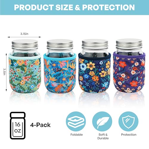 KJQJLY 4 Pcs Mason Jars Sleeves Neoprene 16 oz Regular and Wide Mouth Mason Jar Sleeves Holder with Handle (Flowers, 16 OZ) - color: Flowers, size: 16 OZ