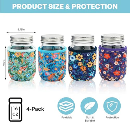 KJQJLY 4 Pcs Mason Jars Sleeves Neoprene 16 oz Regular and Wide Mouth Mason Jar Sleeves Holder with Handle (Flowers, 16 OZ) - color: Flowers, size: 16 OZ