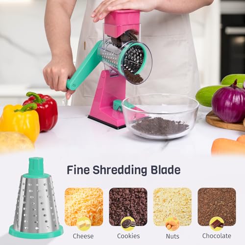Upgraded Rotary Cheese Grater with 3 Interchangeable Stainless Steel Drums, One-Press Powerful Suction Manual Vegetable Shredder&Slicer for Kitchen, 15pcs Storage Bags Included, Rose-red&Green - color: Rose-red & Green