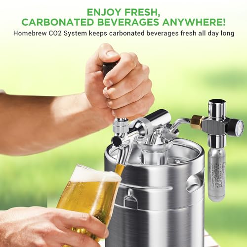 NutriChef Pressurized Growler Tap System, 64oz Stainless Steel Mini Keg Dispenser Portable Kegerator Kit, Co2 Pressure Regulator Keeps Carbonation for Craft Beer, Draft and Homebrew - size: 64oz