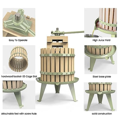 3.2 Gallon Fruit and Wine Press, Manual Cider Press with Solid Beech Wood Basket - color: Green, size: 3.2 Gallon