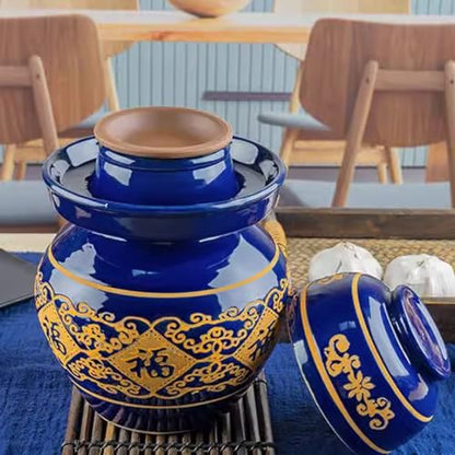 Large Ceramic Pickle Jar with Lids, Blue Traditional Chinese Porcelain Pickle Jar,Ceramic Fermentation Crock with Water Seal Airlock Lid,Sauerkraut Crock for Picklin 2kg (6kg - size: 6kg