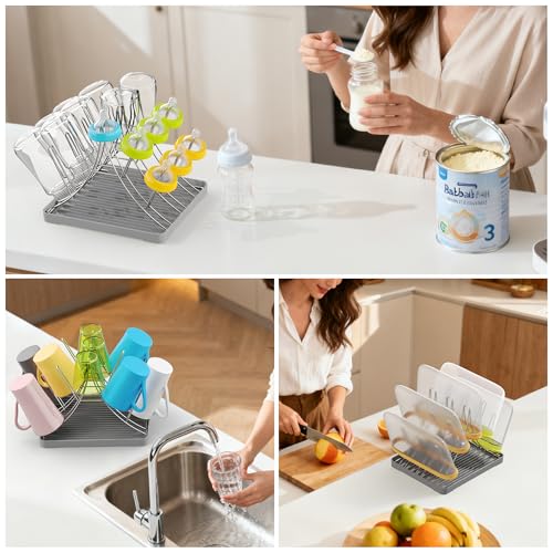 Baby Bottle Drying Rack, Space Saving Bottle Drying Tree Rack with Drainboard for Cups, Mugs and Glass, Sports Bottle, Holds Up to 15 Baby Bottles ，Foldable,Stainless Steel,