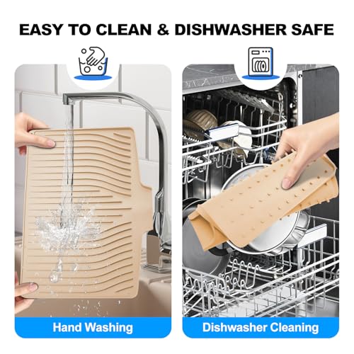 Silicone Dish Drying Mat for Kitchen Countertops and Sinks,19 x13.7 Inch Non Slip Heat Resistant Mat with Built In Drainage System,For Refrigerator and Drawer Liners (beige, 19 x13.7 Inch) - color: Beige