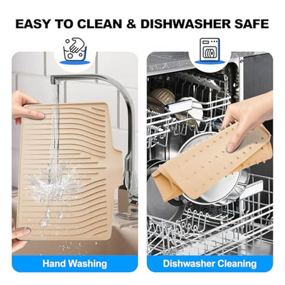 Silicone Dish Drying Mat for Kitchen Countertops and Sinks,19 x13.7 Inch Non Slip Heat Resistant Mat with Built In Drainage System,For Refrigerator and Drawer Liners (beige, 19 x13.7 Inch) - color: Beige