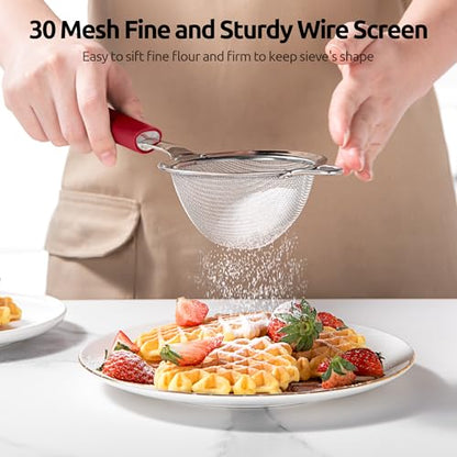 U-Taste Small Fine Mesh Strainer: 18/8 Stainless Steel 3.35in 30 Mesh Kitchen Food Sieve with Sturdy Riveted Silicone Handle, Heavy Duty Deep Handheld Metal Colander for Tea, Juice (Red) - color: (4) Red, size: S-3.35in