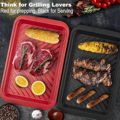 Czlizdyt Deep Grilling Prep and Serve Trays with lid, BBQ Tray for Marinating Raw and Cooked Food, Diswasher Safe Nesting Trays Black in Red - style: Deep Prep Trays with Lid