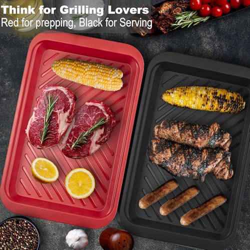 Czlizdyt Bamboo Grilling Prep and Serve Trays with lid, BBQ Tray for Marinating Raw and Cooked Food, Diswasher Safe Nesting Trays Black in Red - style: Bamboo Prep Trays with Lid