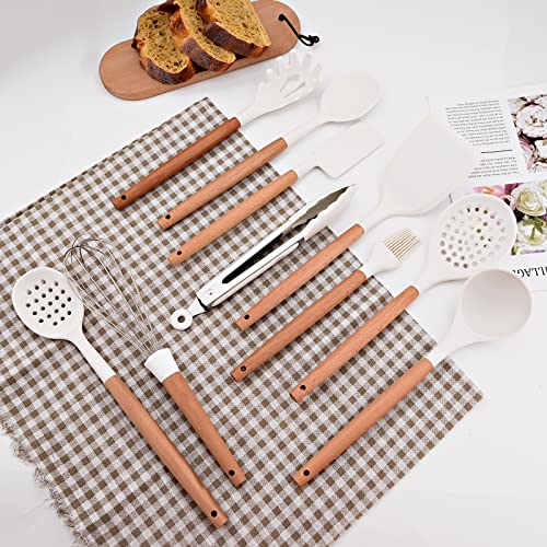 11pcs Silicone Cooking Utensils Spatula Set with Wooden Handle, White Kitchen Gadgets Set for Nonstick Cookware, Include Holder Storage Bucket. - color: Utensil Set
