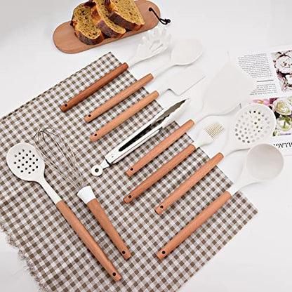 11pcs Silicone Cooking Utensils Spatula Set with Wooden Handle, White Kitchen Gadgets Set for Nonstick Cookware, Include Holder Storage Bucket. - color: Utensil Set