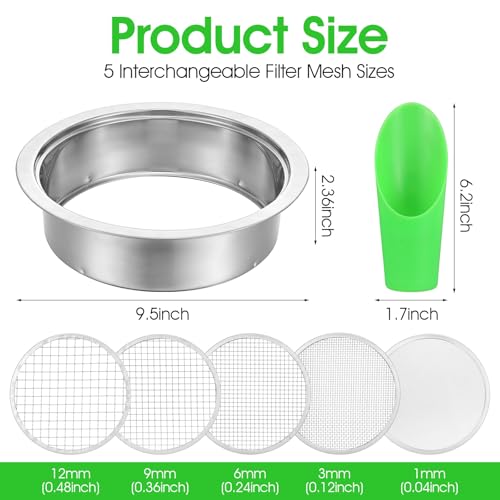 Soil Sieve Set with 5 Stainless Steel Mesh Sifter Screens (1/3/6/9/12mm) & Plastic Scoop - 7.7" Diameter Garden Soil Sifter for Compost, Sand, Rocks