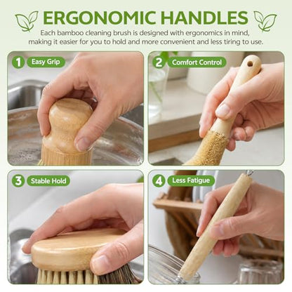 GREENTH PRO 9-Piece Bamboo Dish Brush Set with Natural Coconut Sponges | Dish Brush,Coconut Bottle Brush,Natural Kitchen Cleaning Set