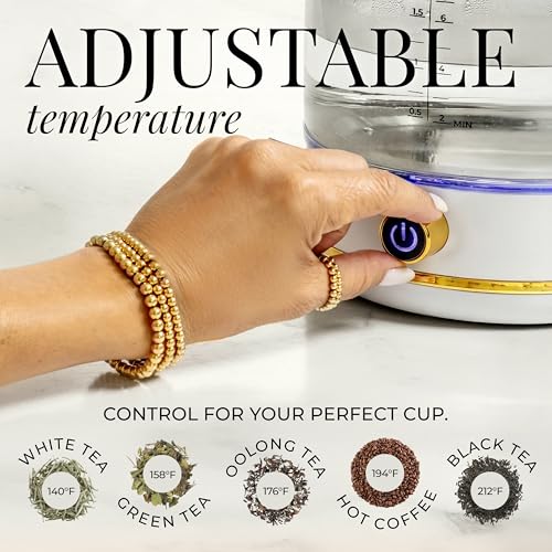 White Electric Tea Kettle with Temperature Control - 1500W Fast Hot Water Boiler and Warmer - White and Gold Electric Kettle with Keep Warm Function, BPA-Free Glass Body, Stylish Design, Auto Shut-Off - color: White