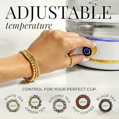 White Electric Tea Kettle with Temperature Control - 1500W Fast Hot Water Boiler and Warmer - White and Gold Electric Kettle with Keep Warm Function, BPA-Free Glass Body, Stylish Design, Auto Shut-Off - color: White