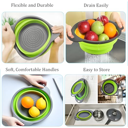 UVB Collapsible Colander Set, Space-Saving Foldable Kitchen Strainer for Pasta, Vegetables & Fruit, Colander for Kitchen with 2 Stainless Steel Hooks & 1 Silicone Funnel – Green - color: Green