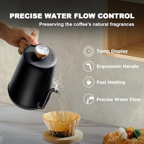 Nueve&Five Electric Gooseneck Kettle with Thermometer, 1.0L Pour Over Hot Water Kettle for Coffee and Tea, 1000W, Auto Shutoff, Boil-Dry Protection, Matte Black - color: BLACK