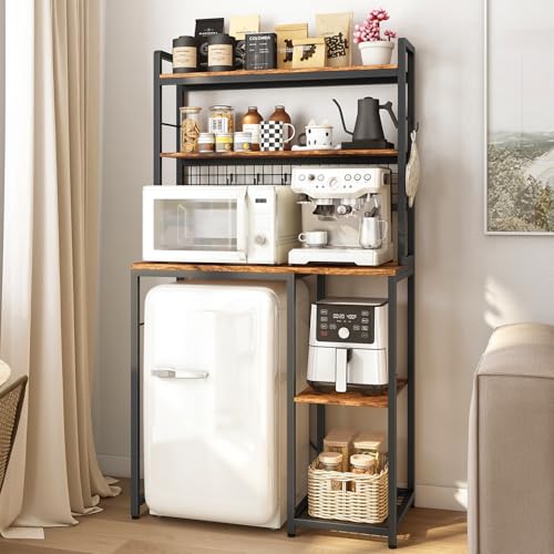 Multi-Functional Mini Fridge Stand, Mini Fridge and Microwave Storage Shelves with Power Outlet, Large Bakers Rack and Storage for Kitchen Appliances, Perfect for Dorm Kitchen Coffee Bar - color: Brown