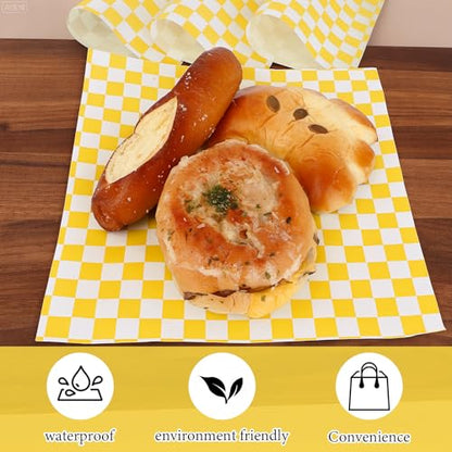 200 Pcs Wax Paper Sheets for Food Deli Wrap Paper Sheets 8.5x8.5"Food Basket Liners Checkered Square Sandwich Wraps for Burgers Bread Restaurant Barbecue Picnic(Yellow) - color: Yellow