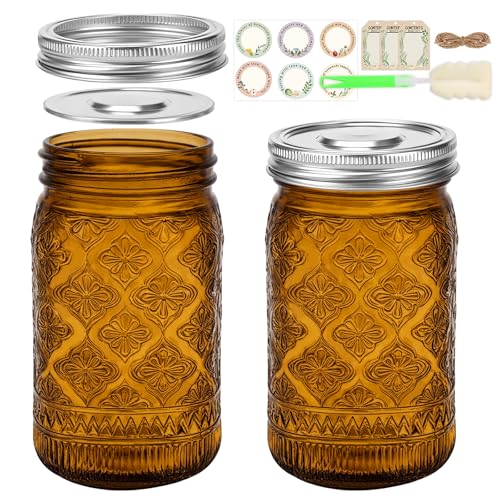 32 oz Amber Mason Jars with Stainless Steel Leakproof Lids, 2 Pack Wide Mouth Colored Glass Jars for DIY Crafts, Wedding Centerpieces, Home Decor, Flower Vase, Bathroom Storage - color: Amber-32OZ