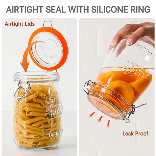 Anwoi Wide Mouth Glass Jars with Airtight Lid 32OZ 4 Pack, Kitchen Storage Large Clear Canister Jars with Hinged Lid with Measurement Marks For Canning,Coffee,Flour,Sugar,Beans