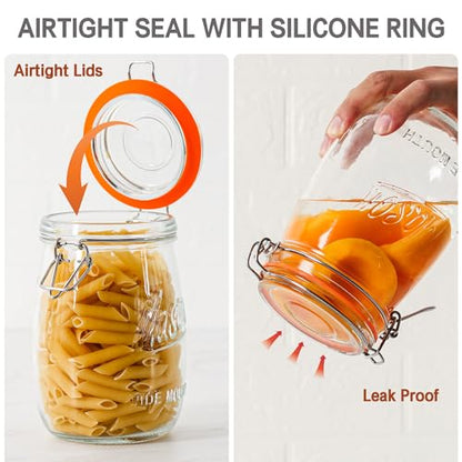 Anwoi Wide Mouth Glass Jars with Airtight Lid 32OZ 4 Pack, Kitchen Storage Large Clear Canister Jars with Hinged Lid with Measurement Marks For Canning,Coffee,Flour,Sugar,Beans