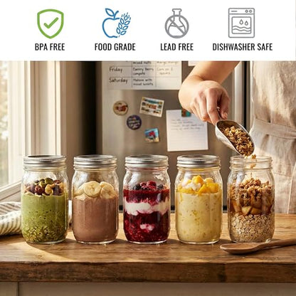 32 oz Wide Mouth Mason Jars with Airtight Lids and Bands, 6 Pack Quart Glass Canning Jars for Pickling, Meal Prep, Overnight Oats, Storage & DIY Crafts