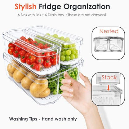 SMRCAD 6 Pack Clear Fridge Organizer Bins with Drain Trays - Stackable | BPA-Free PET, 6 Pack: 6 lidded Bins (Not drawer), Helps Keep Produce Fresh, 14L Capacity, Hand Wash Only - size: 6 Bins (No Pull-out Drawer)