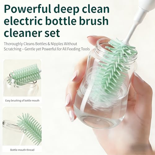 Portable Electric Silicone Bottle Brush Set, 7-in-1 UV Light USB Charging, Nipple/Straw Cleaner, Milk Mixer, Built-in Drying Rack & Storage Case, BPA-Free, IPX7, On-the-Go for New Parents - color: Mint